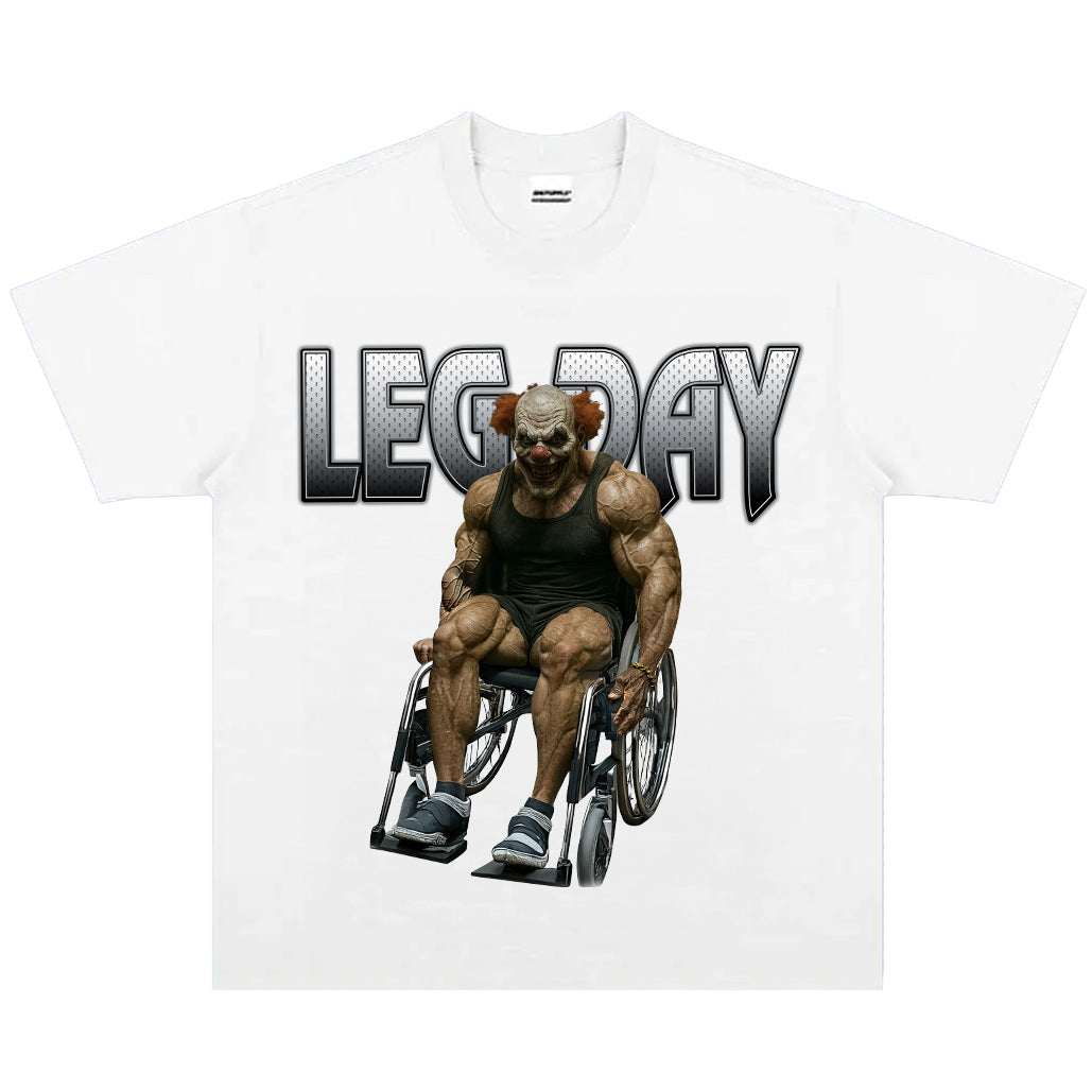 Leg Day Muscle Clown Tee | Vintage Washed Fitness Graphic T-Shirt | Gym Humor Streetwear