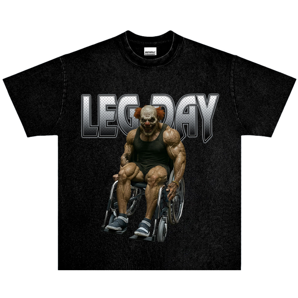 Leg Day Muscle Clown Tee | Vintage Washed Fitness Graphic T-Shirt | Gym Humor Streetwear