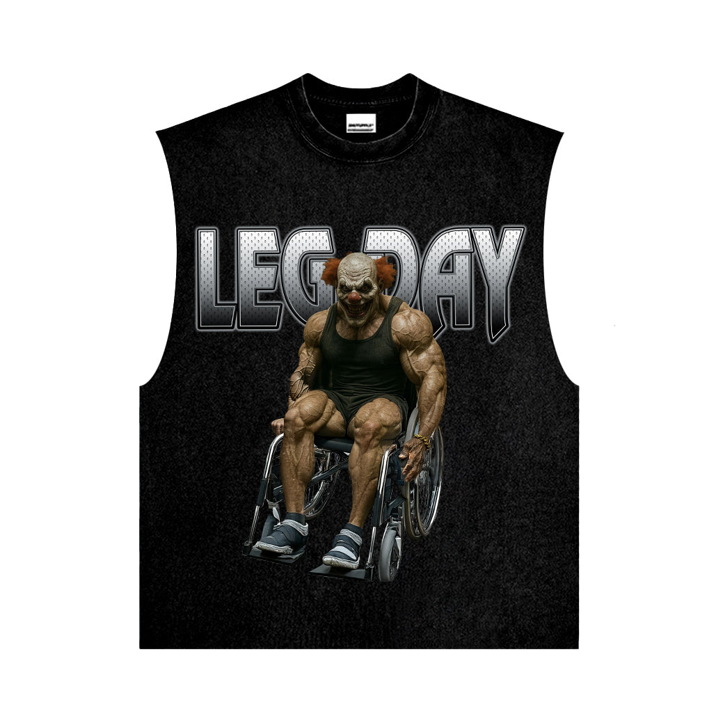 Leg Day Muscle Clown Tee | Vintage Washed Fitness Graphic T-Shirt | Gym Humor Streetwear