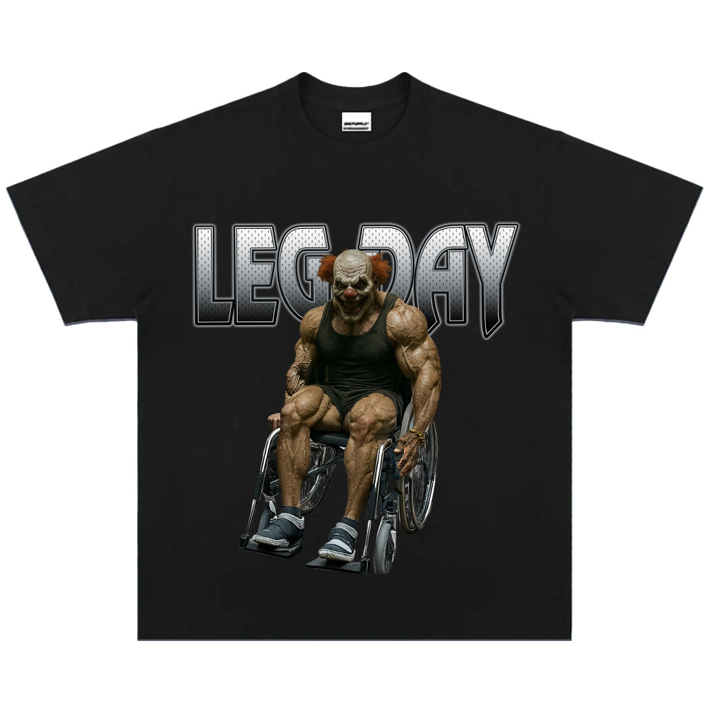 Leg Day Muscle Clown Tee | Vintage Washed Fitness Graphic T-Shirt | Gym Humor Streetwear
