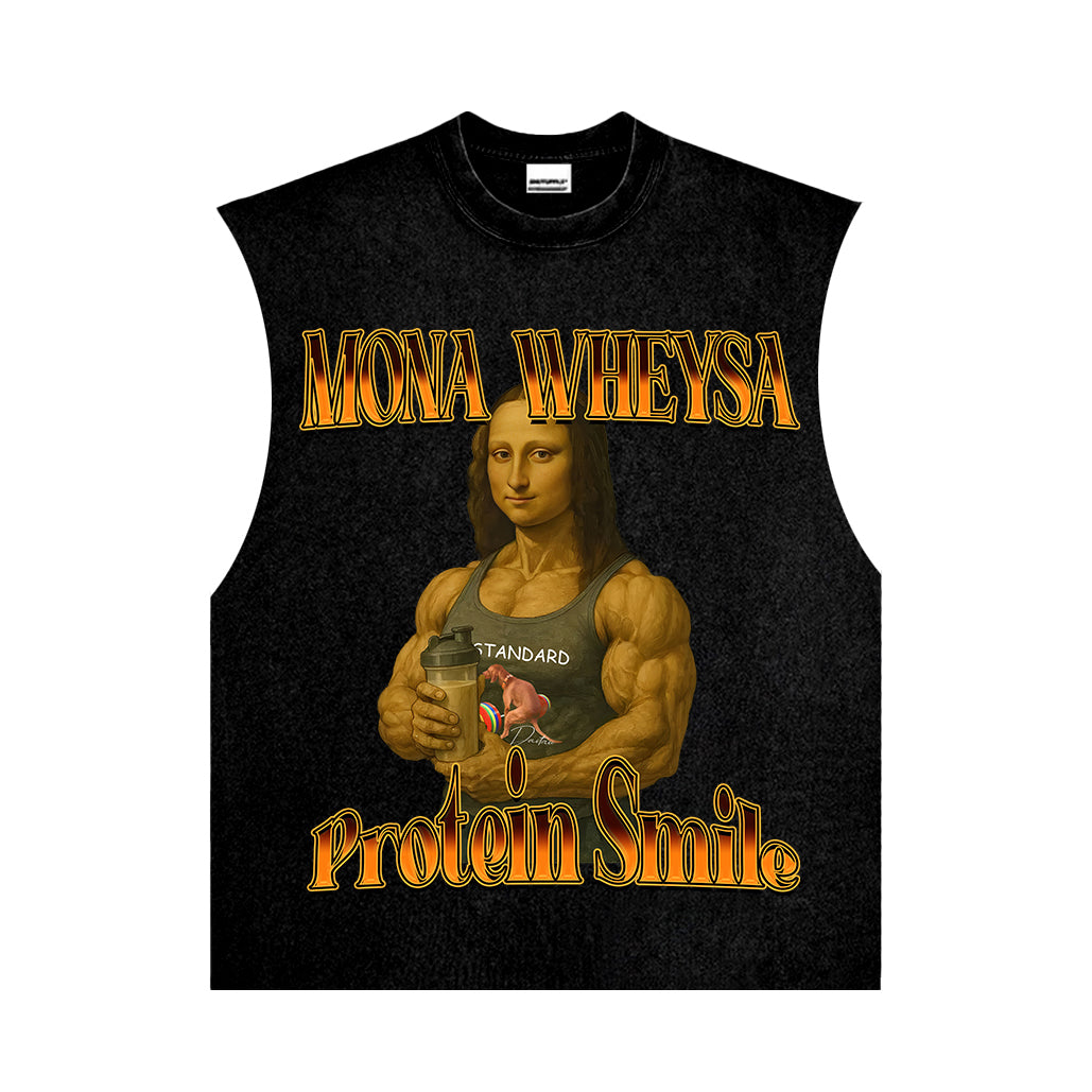 Mona Wheysa Protein Smile Tee | Vintage Washed Fitness Graphic T-Shirt | Gym Art Lover Streetwear